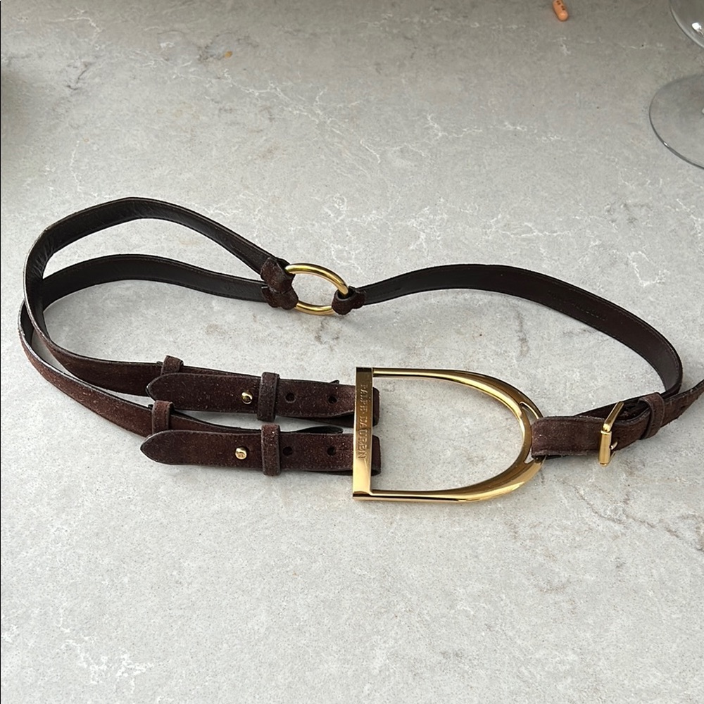 Ralph Lauren Gold Brown Suede Belt